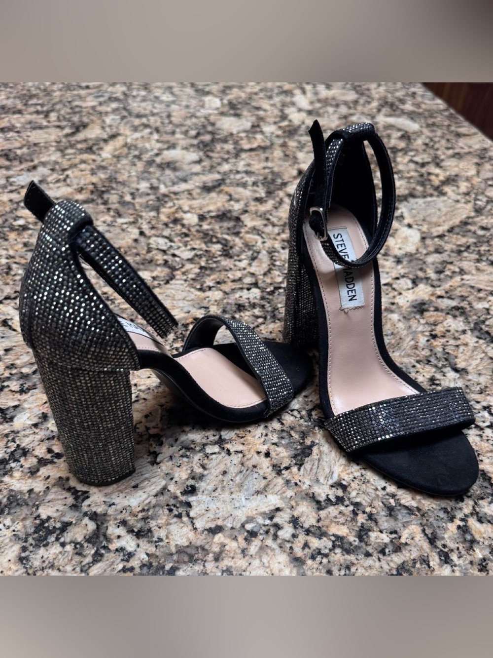 Steve Madden Black Rhinestone Block Heel Sandals Size 5.5